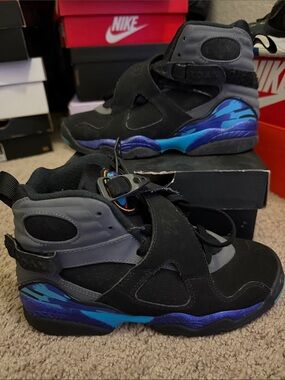 Jordan Aqua 8 Kids Black & Gray High-Top Athletic Shoes with Blue Accent